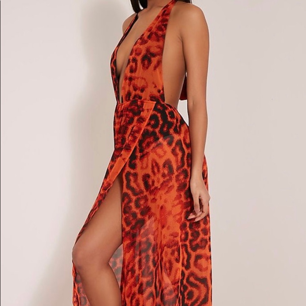 Alina Orange Leopard Print Plunge Maxi Dress